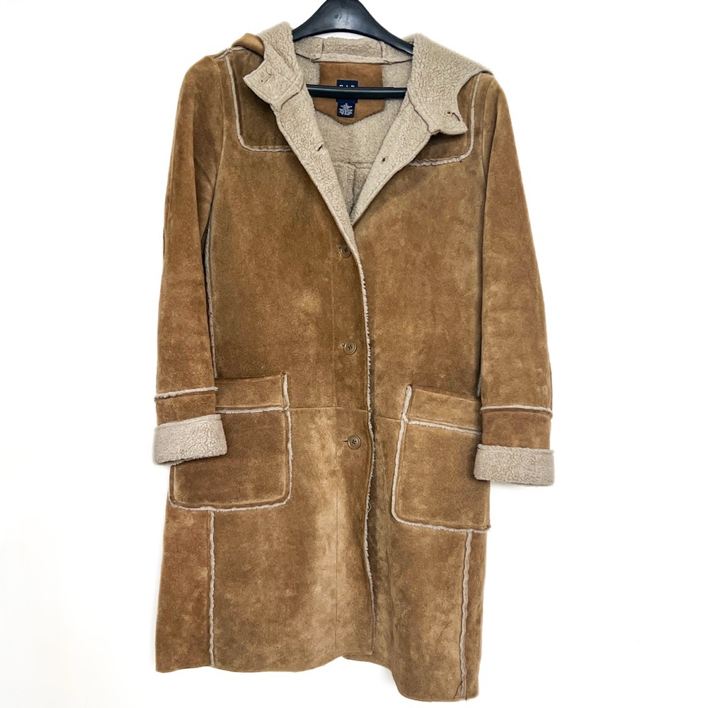 Vintage Gap genuine sued long faux shearling coat button up hooded women’s Sz Sm